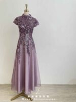 葡萄紫亮片圓珠藤蔓高領紗裙禮服