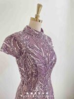 葡萄紫亮片圓珠藤蔓高領紗裙禮服