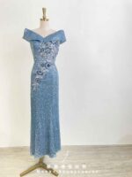 青藍珍珠亮片刺繡花一字領禮服