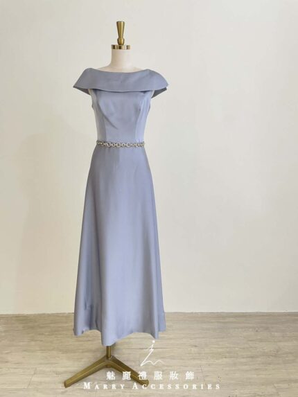 淡紫絲緞翻領一字領腰鍊禮服