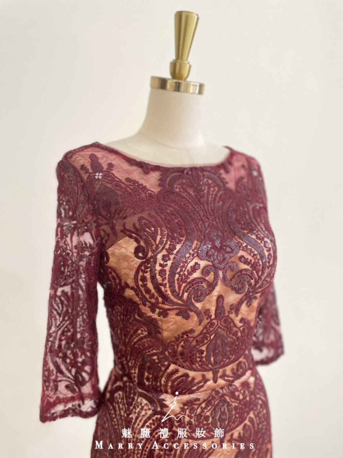 櫻桃紅宮廷亮片刺繡七分袖禮服