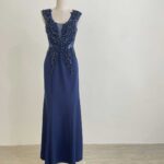 藏藍銀珠藤蔓腰間鏤空魚尾禮服