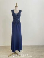 藏藍銀珠藤蔓腰間鏤空魚尾禮服