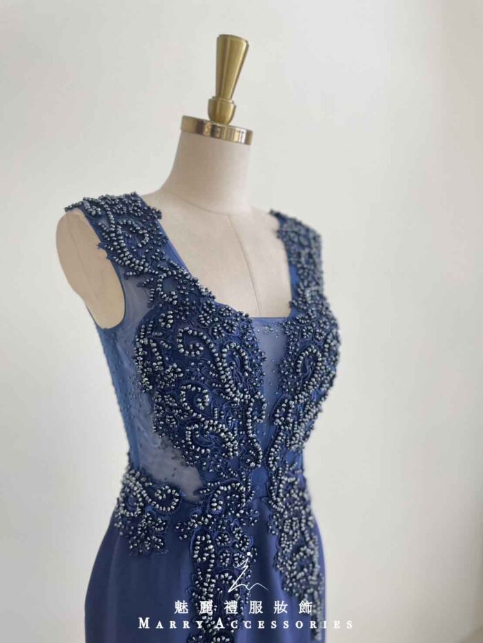 藏藍銀珠藤蔓腰間鏤空魚尾禮服
