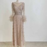 香檳金滿版亮片收腰羽毛蕾絲袖禮服