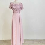 櫻花粉細珠亮片花葉百褶裙禮服