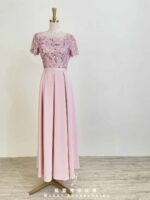 櫻花粉細珠亮片花葉百褶裙禮服