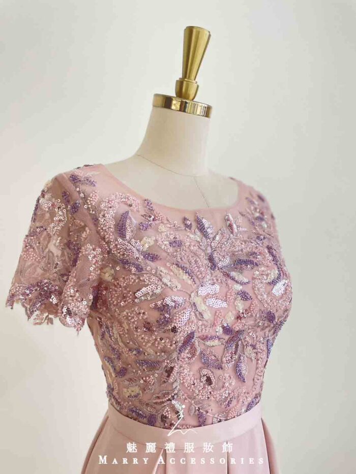 櫻花粉細珠亮片花葉百褶裙禮服