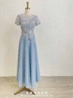 水藍管珠亮片花蕾絲紗裙禮服