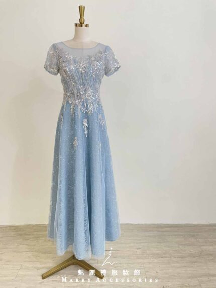 水藍管珠亮片花蕾絲紗裙禮服