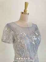 水藍管珠亮片花蕾絲紗裙禮服