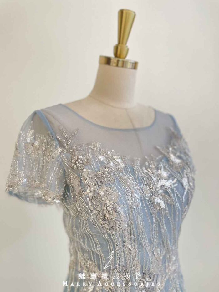 水藍管珠亮片花蕾絲紗裙禮服