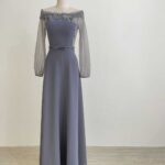 薰衣草紫絲絨收腰蕾絲一字領禮服