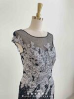 黑灰浮雕織花網格蕾絲魚尾禮服