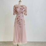 玫瑰粉亮片花藤蔓蕾絲五分袖禮服