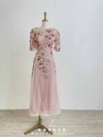 玫瑰粉亮片花藤蔓蕾絲五分袖禮服