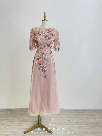 玫瑰粉亮片花藤蔓蕾絲五分袖禮服