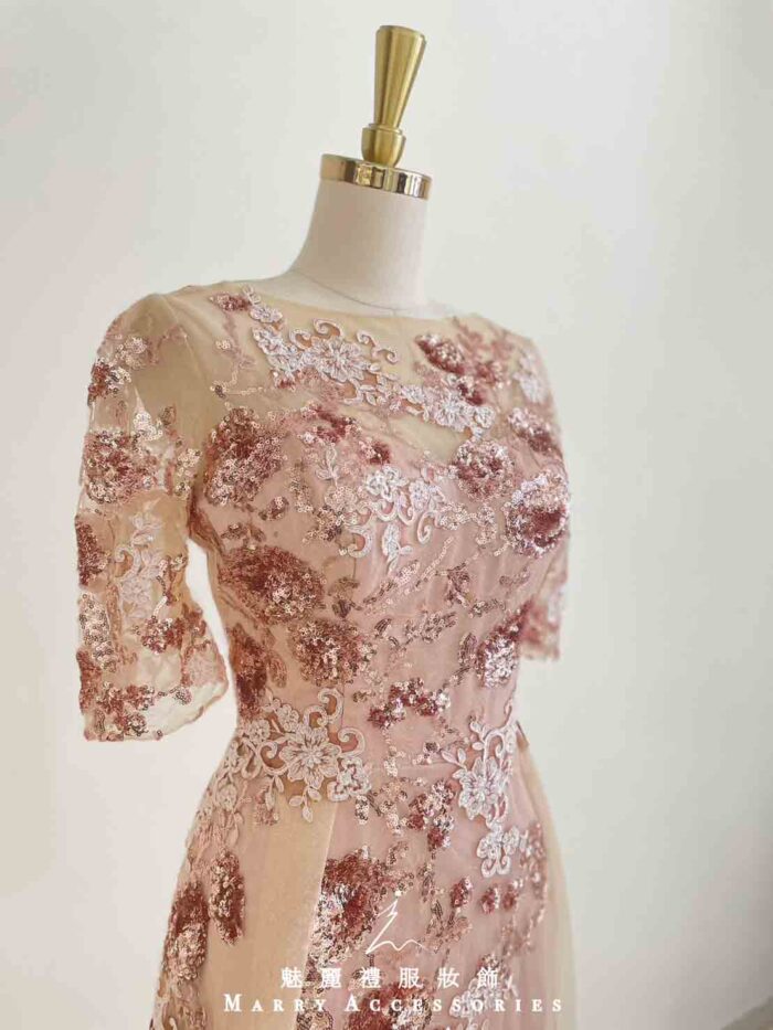 玫瑰粉亮片花藤蔓蕾絲五分袖禮服