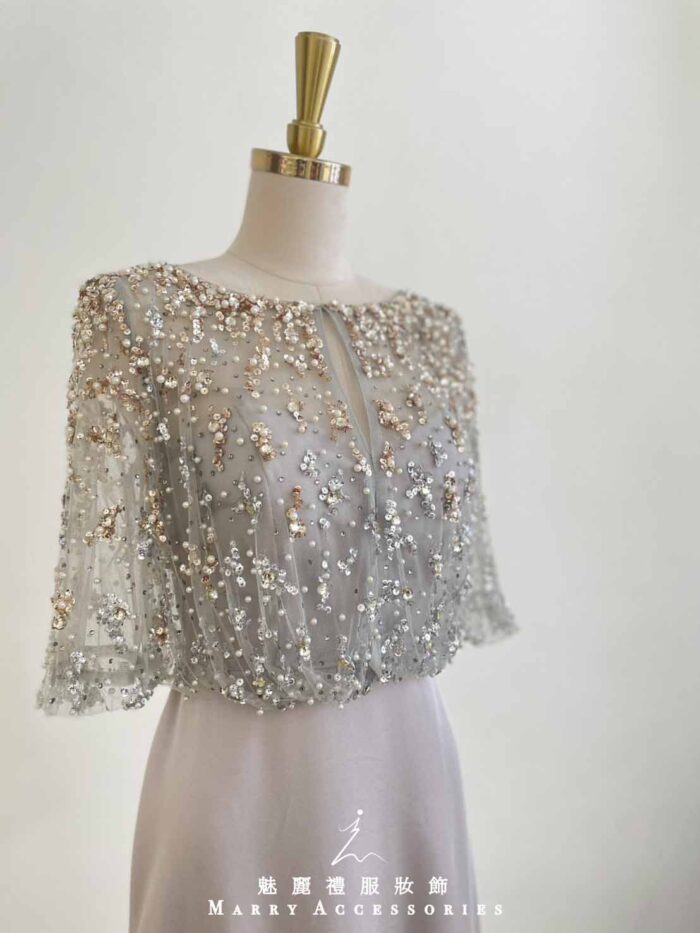 霧面灰紫絲緞金珠亮片罩衫禮服