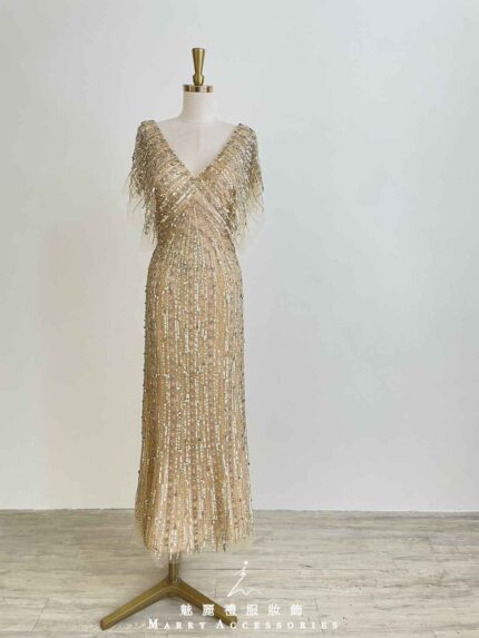 金黃亮片流線蕾絲飄飄袖魚尾禮服