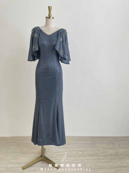 藏青絲綢鑽花小外套魚尾禮服