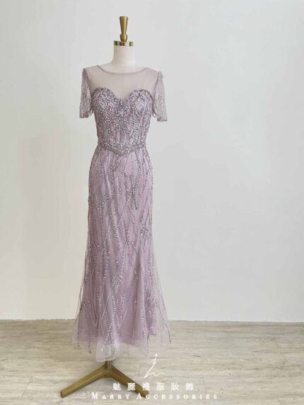 粉紫滿鑽桃心透膚領魚尾禮服