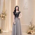 黑蕾絲織花質感灰亮紗裙禮服