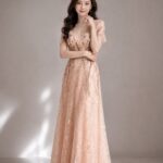 粉橘亮片繡花蕾絲花紋禮服