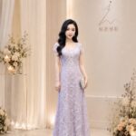 夢幻紫蕾絲花藤亮紗A字裙禮服