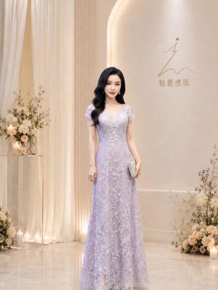 夢幻紫蕾絲花藤亮紗A字裙禮服