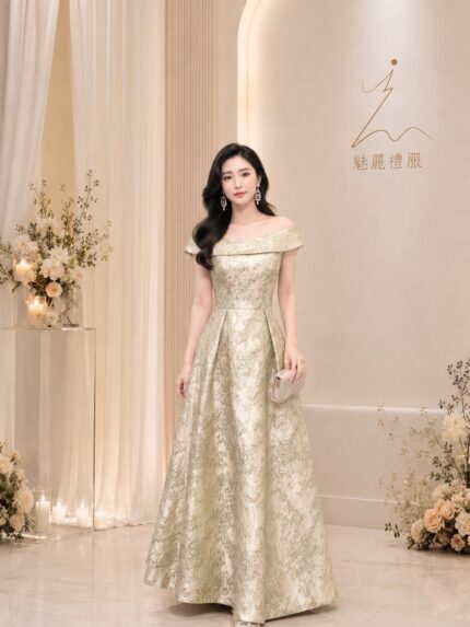果綠立體繡花翻領A字裙禮服