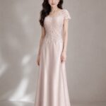 玫瑰粉亮片蝶花絲緞A字裙禮服