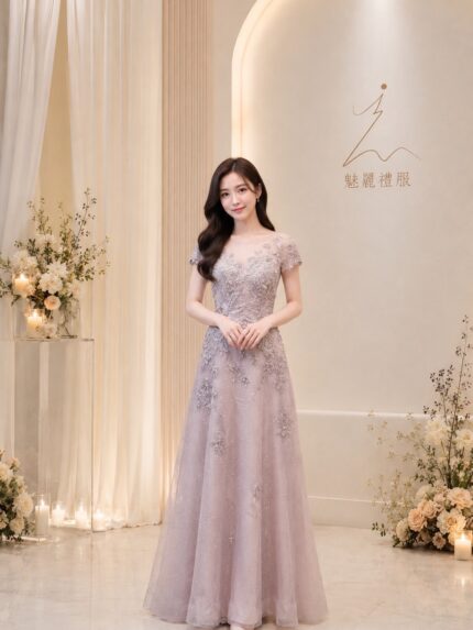 葡萄紫亮紗織花細珠A字裙禮服