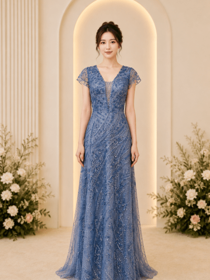湛藍流線波紋珠片蕾絲禮服