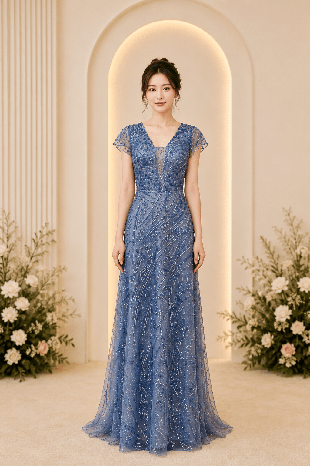湛藍流線波紋珠片蕾絲禮服