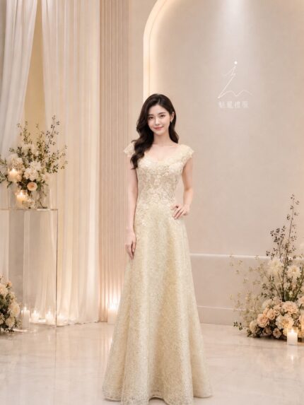金黃細珠蕾絲織花A字裙禮服