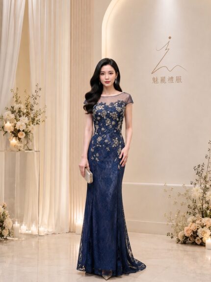 藏藍銀珠花蕾絲花紋魚尾禮服