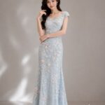 水藍粉紫漸層織花蕾絲魚尾禮服