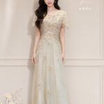 白金立體織花蕾絲亮紗裙禮服