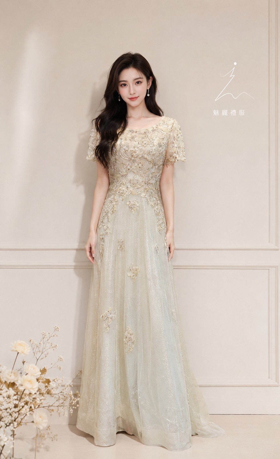 白金立體織花蕾絲亮紗裙禮服 白金立體織花蕾絲亮紗裙禮服