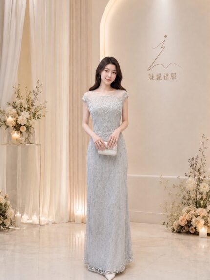 葡萄紫流線亮片縫珠禮服