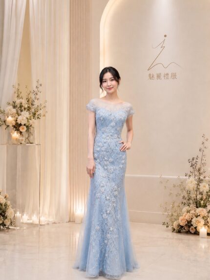 天空藍亮片藤蔓珠花蕾絲魚尾禮服