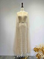 香檳金菱格紋縫珠蕾絲水袖禮服