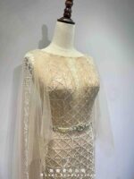 香檳金菱格紋縫珠蕾絲水袖禮服