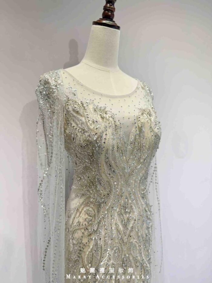 香檳金銀鑽蕾絲水袖魚尾禮服