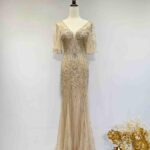 香檳金飄飄袖滿鑽V領魚尾禮服