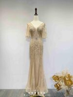 香檳金飄飄袖滿鑽V領魚尾禮服