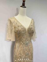 香檳金飄飄袖滿鑽V領魚尾禮服