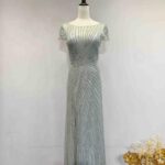 亮銀線條拼鑽開衩片裙魚尾禮服