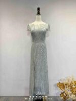 亮銀線條拼鑽開衩片裙魚尾禮服